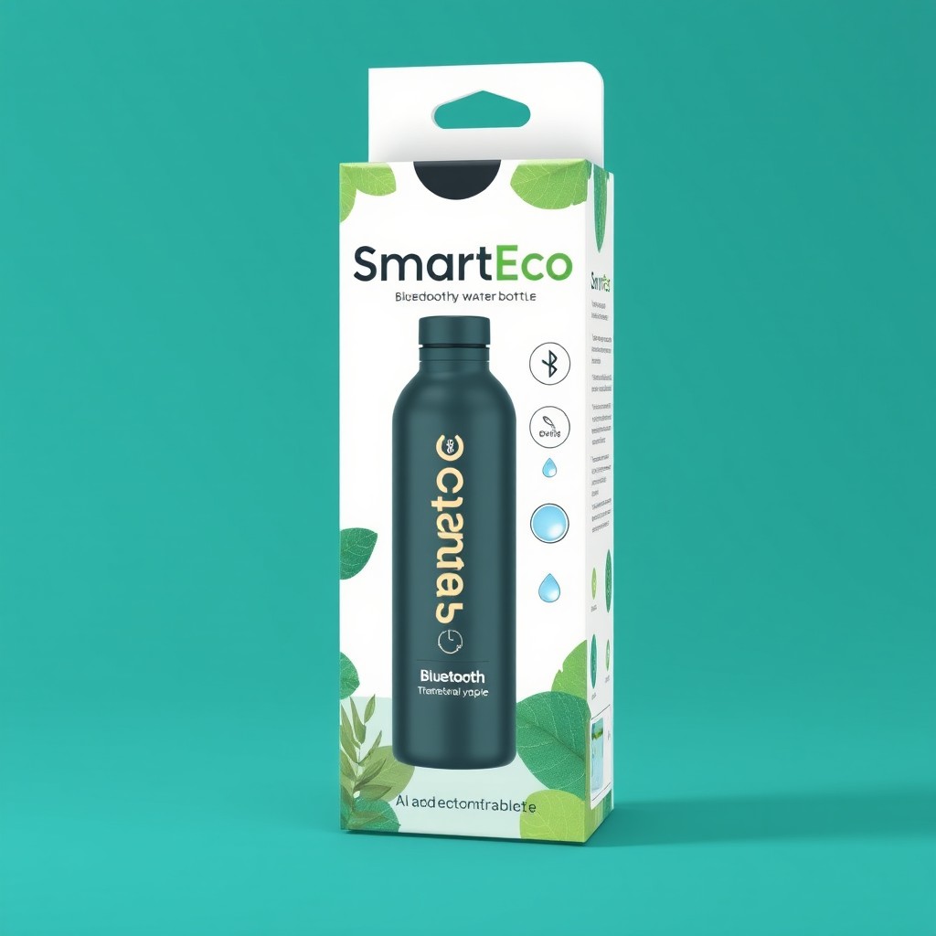 A packaging design for a Biodegradable SmartEco water bottle, featuring environmental colors such as earthy greens, blues, and browns