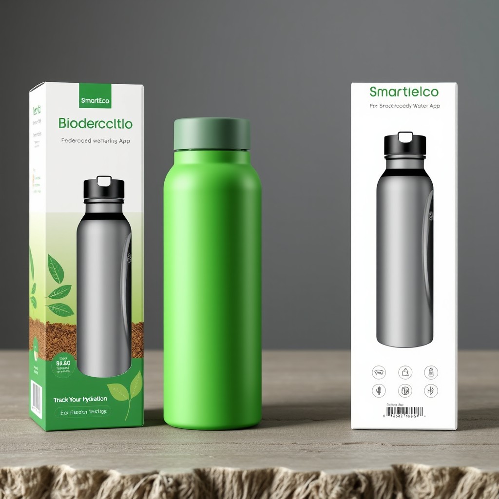 A modern and eco-friendly design for packaging of a biodegradable water bottle named 'SmartEco Water Bottle'