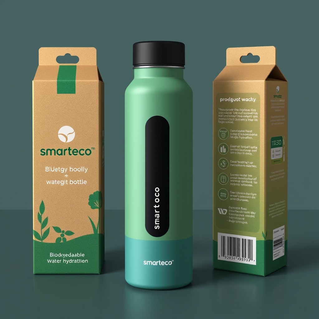A modern, eco-friendly packaging design for a biodegradable water bottle called 'SmartEco Water Bottle'