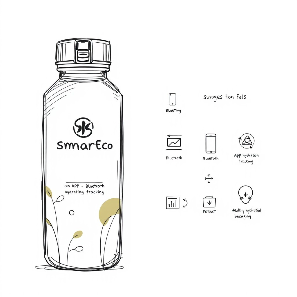 A sketch version of a modern, eco-friendly packaging design for a biodegradable water bottle called 'SmartEco Water Bottle'