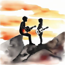 Using aquarel technique, paint a boy with a guitar viewing a side-profile girl on a rocky cliff during sunset. Gradually transition the image from vibrant colors to black and white.