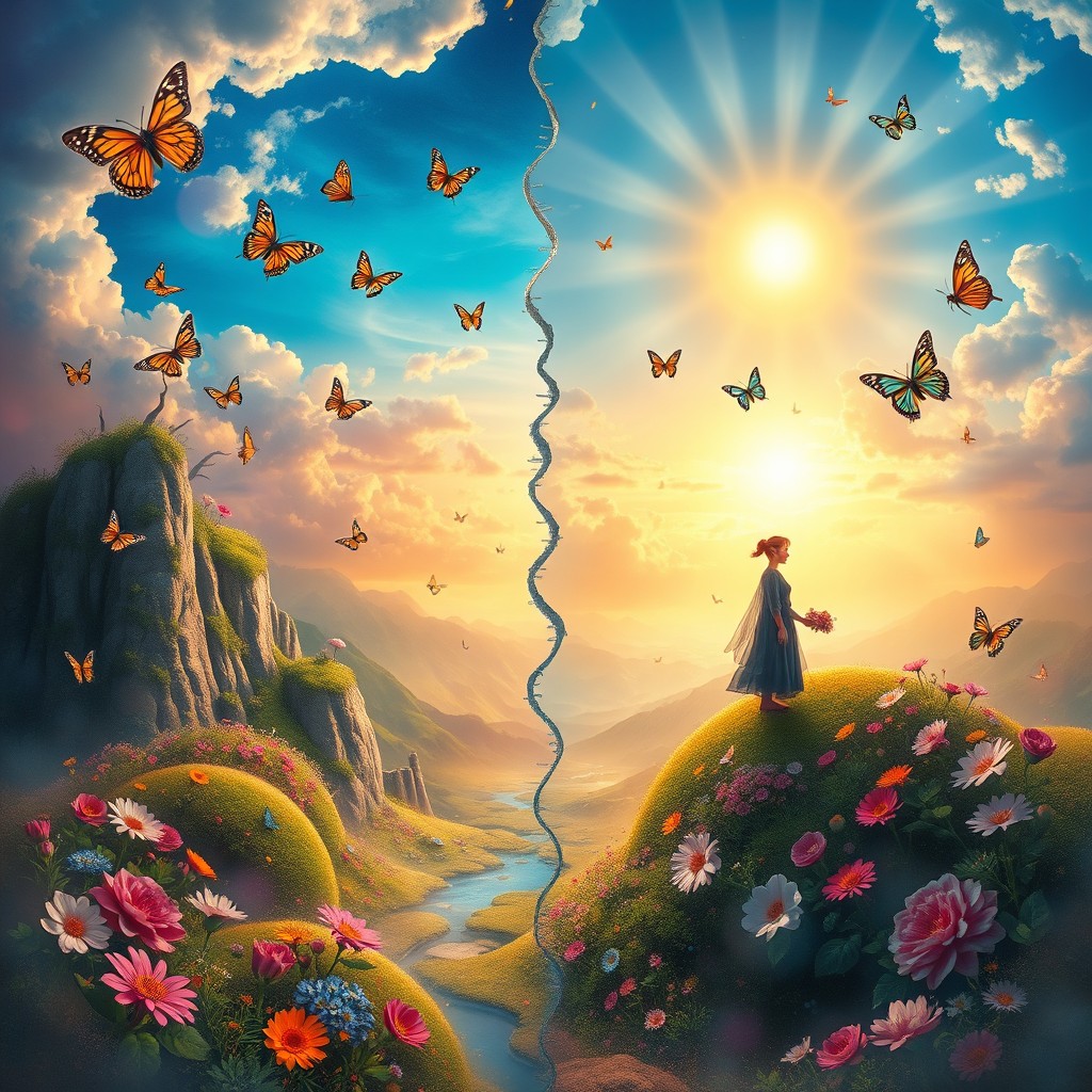 A visually stunning, symbolic representation of the transformation from Rian to Dian, depicting a rebirth or renewal theme