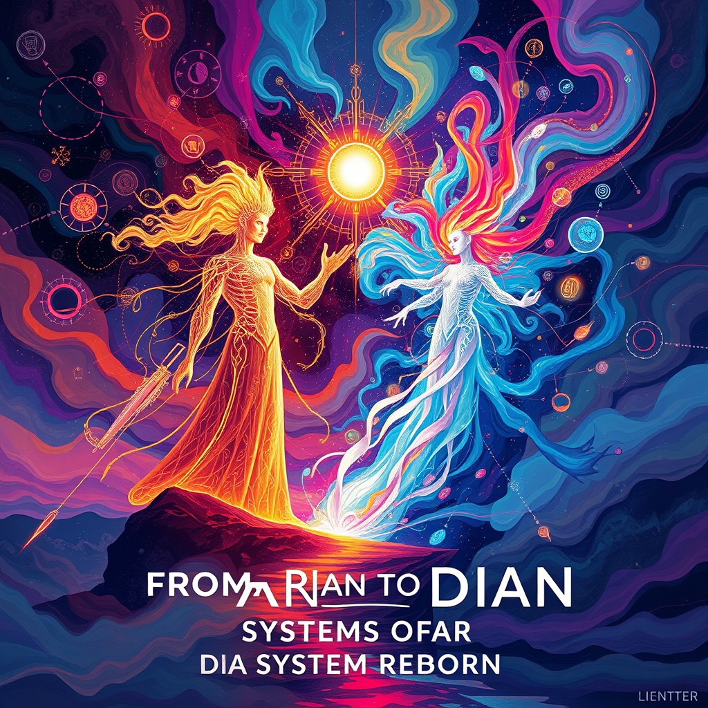 A vibrant, philosophical scene depicting the rebirth of a system, titled 'From Rian to Dian: A System Reborn'