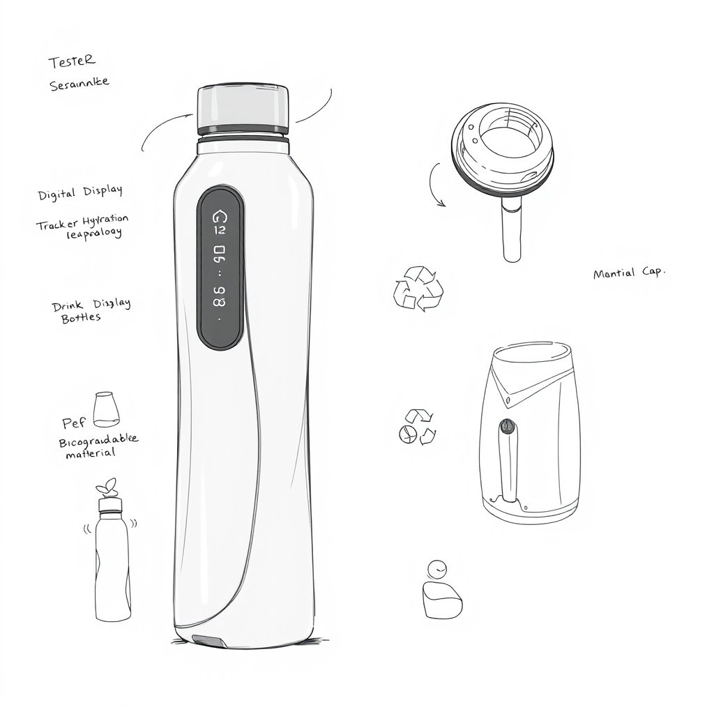 A sketch version of a modern, sleek design for a biodegradable drink bottle