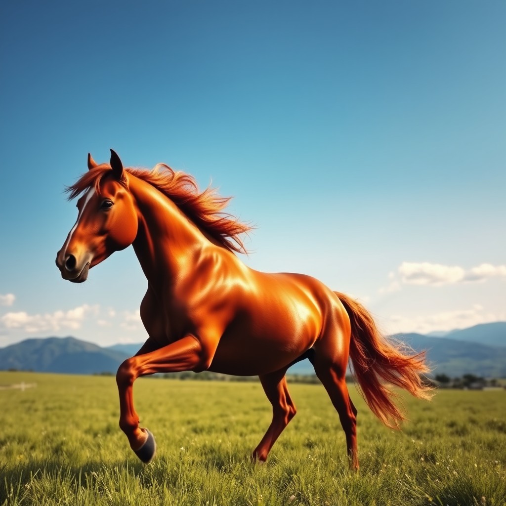 A majestic red horse galloping through a lush green meadow under a clear blue sky, with its mane flowing in the wind and a sense of freedom and power