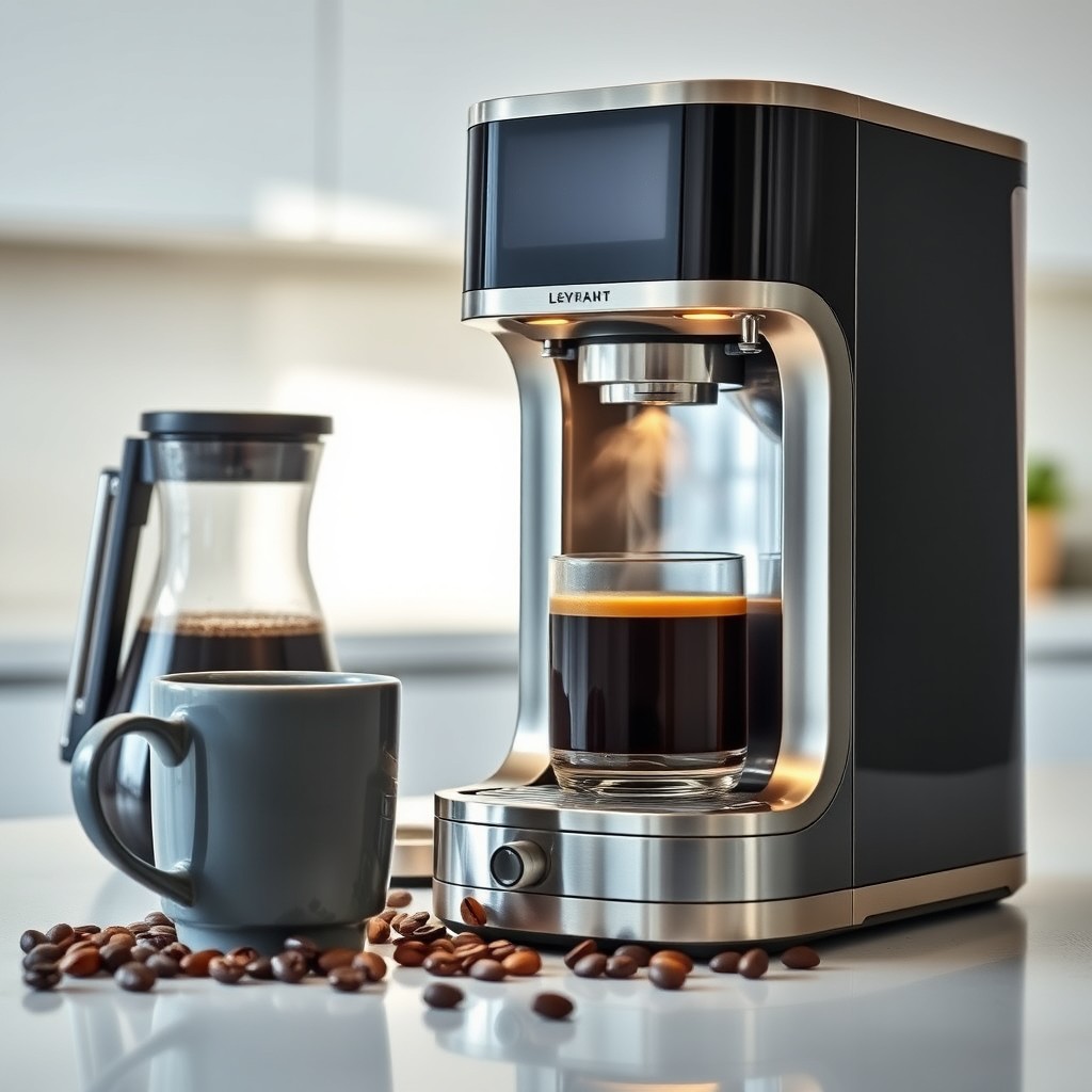 A modern, sleek product display featuring a high-end kitchen appliance like a coffee maker