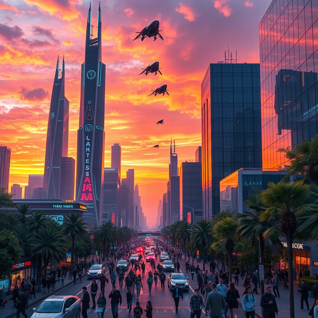 A futuristic city skyline at sunset, showcasing towering skyscrapers with neon lights and flying cars zipping through the sky