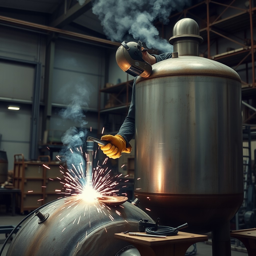 A tall man, approximately 2 meters in height, skillfully welding on a large tank