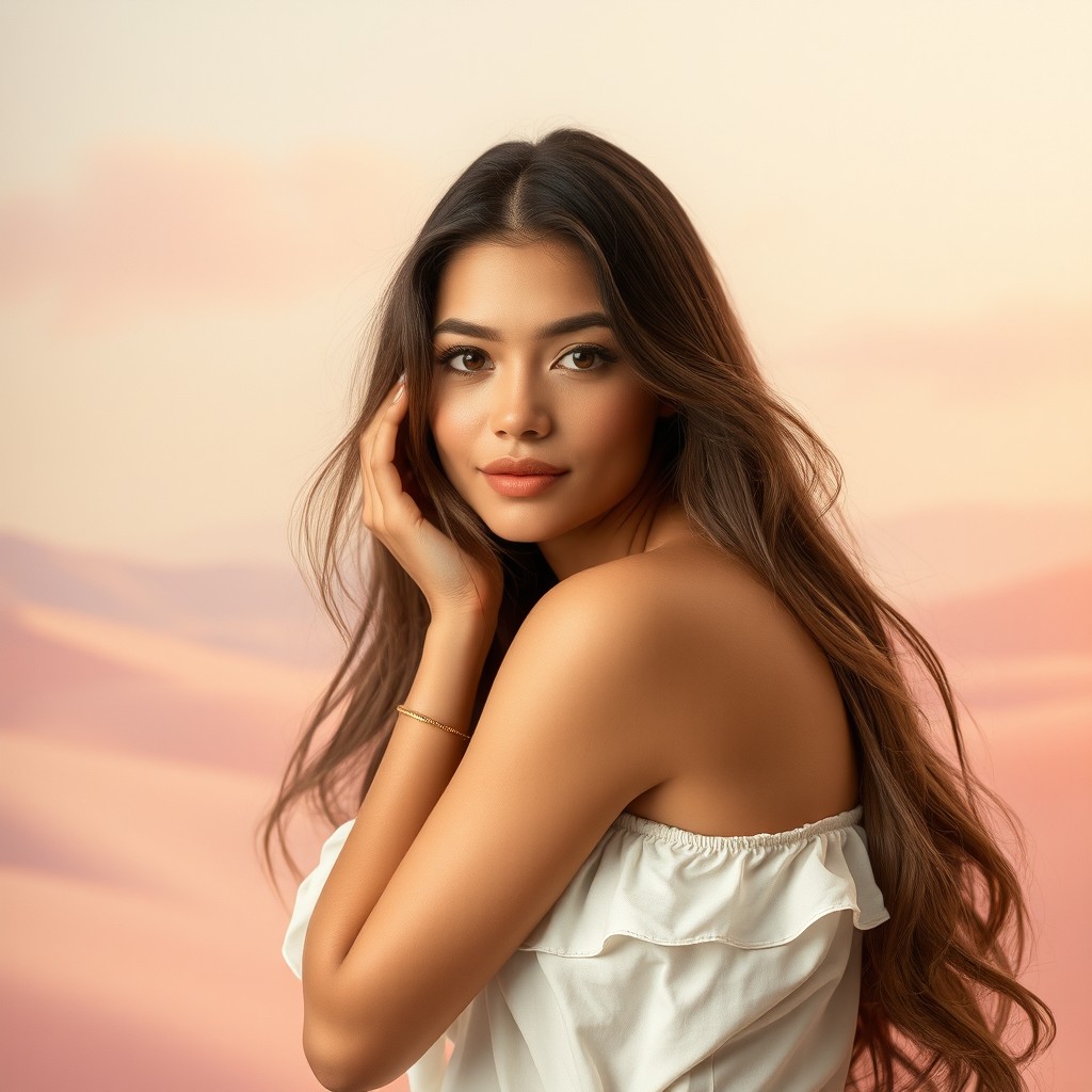 A beautiful young woman posing gracefully in an artistic and elegant manner, surrounded by soft, diffused lighting that highlights her natural beauty