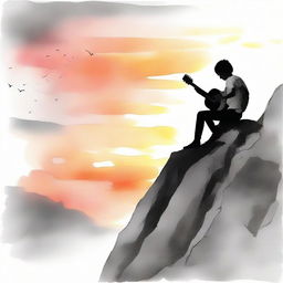 Using aquarel technique, paint a boy with a guitar viewing a side-profile girl on a rocky cliff during sunset. Gradually transition the image from vibrant colors to black and white.