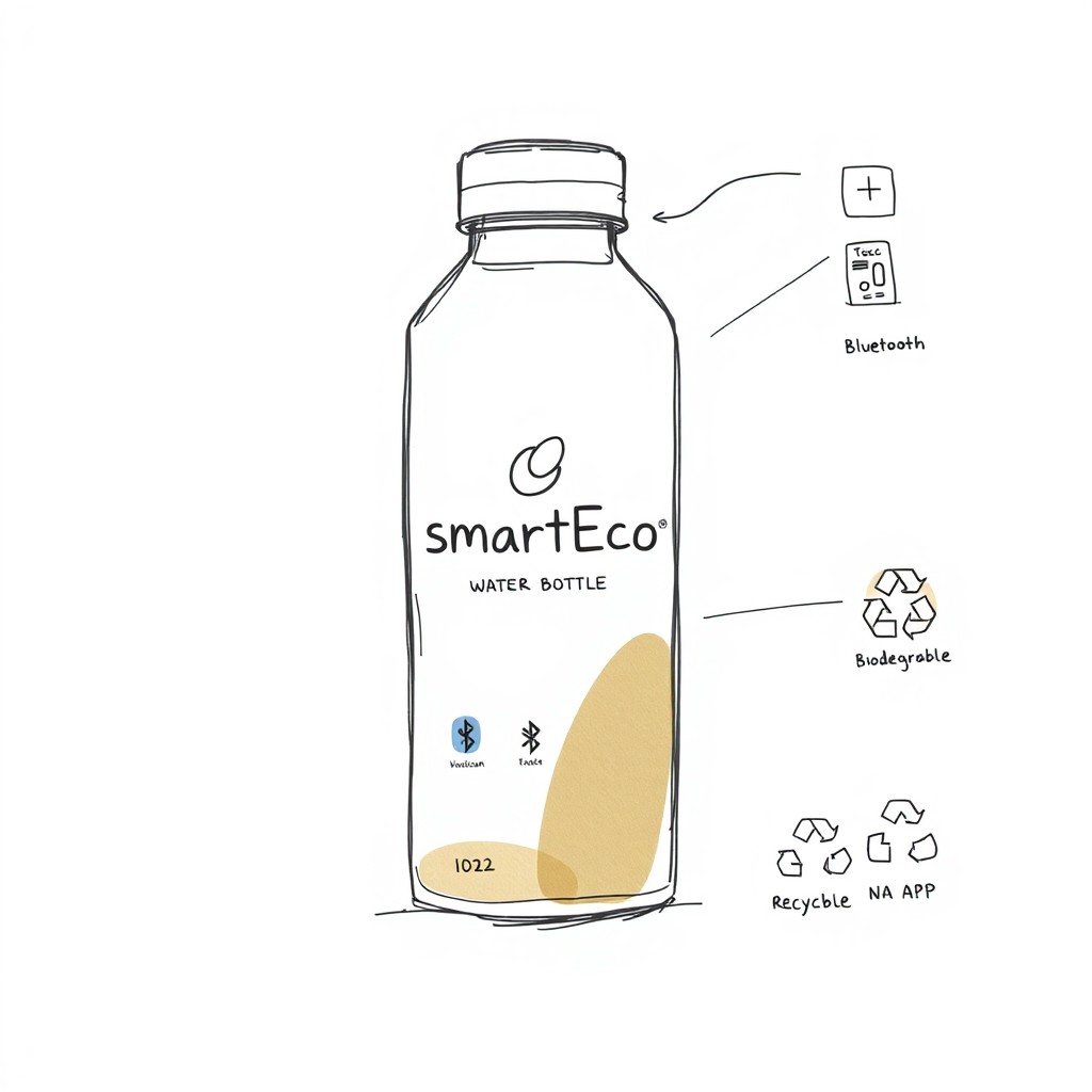 A detailed sketch of the packaging design for a biodegradable water bottle called 'SmartEco Water Bottle'