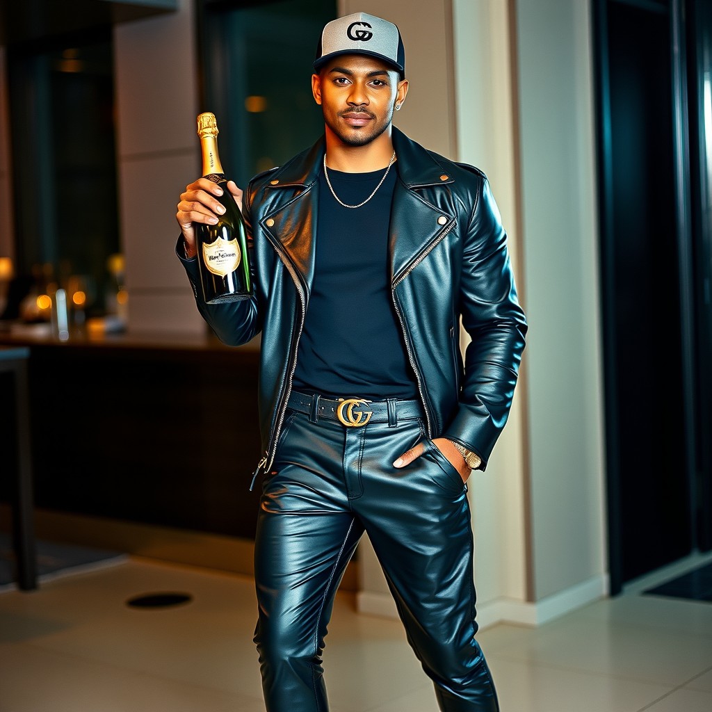A stylish, confident man wearing a black leather jacket over a t-shirt, paired with sleek black leather pants and a Gucci belt