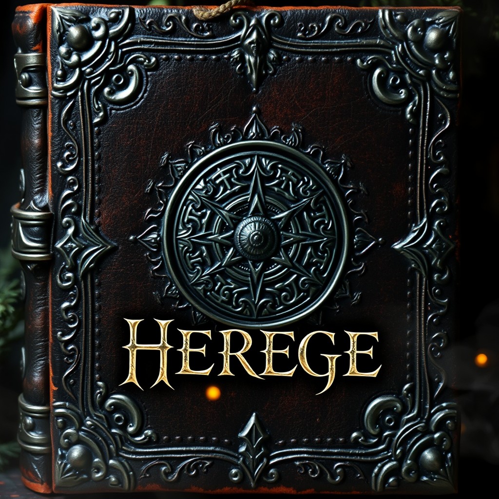 A dark and mystical grimoire book cover titled 'HEREGE'