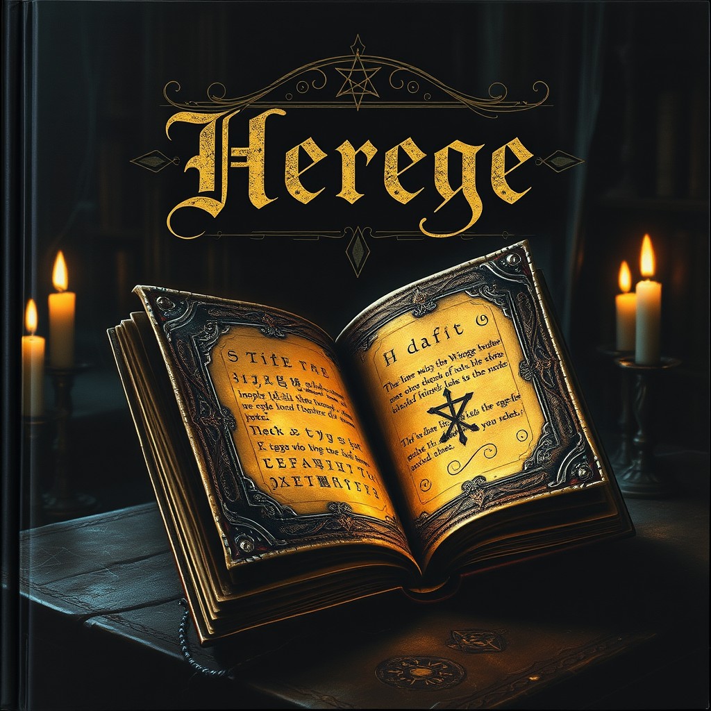 A dark and mystical book cover titled 'Herege', featuring an ancient grimoire with a textured leather cover adorned with intricate silver and gold designs