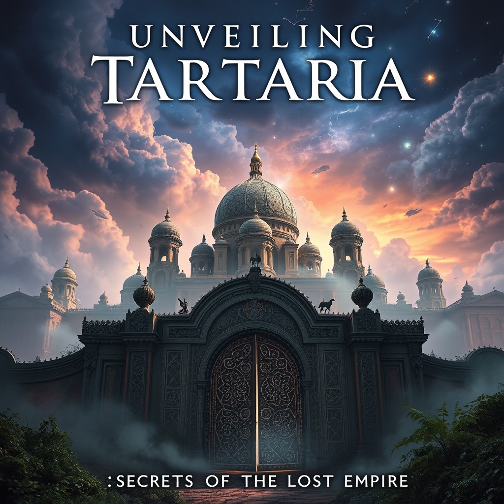 A dramatic and atmospheric book cover for 'Unveiling Tartaria: Secrets of the Lost Empire'