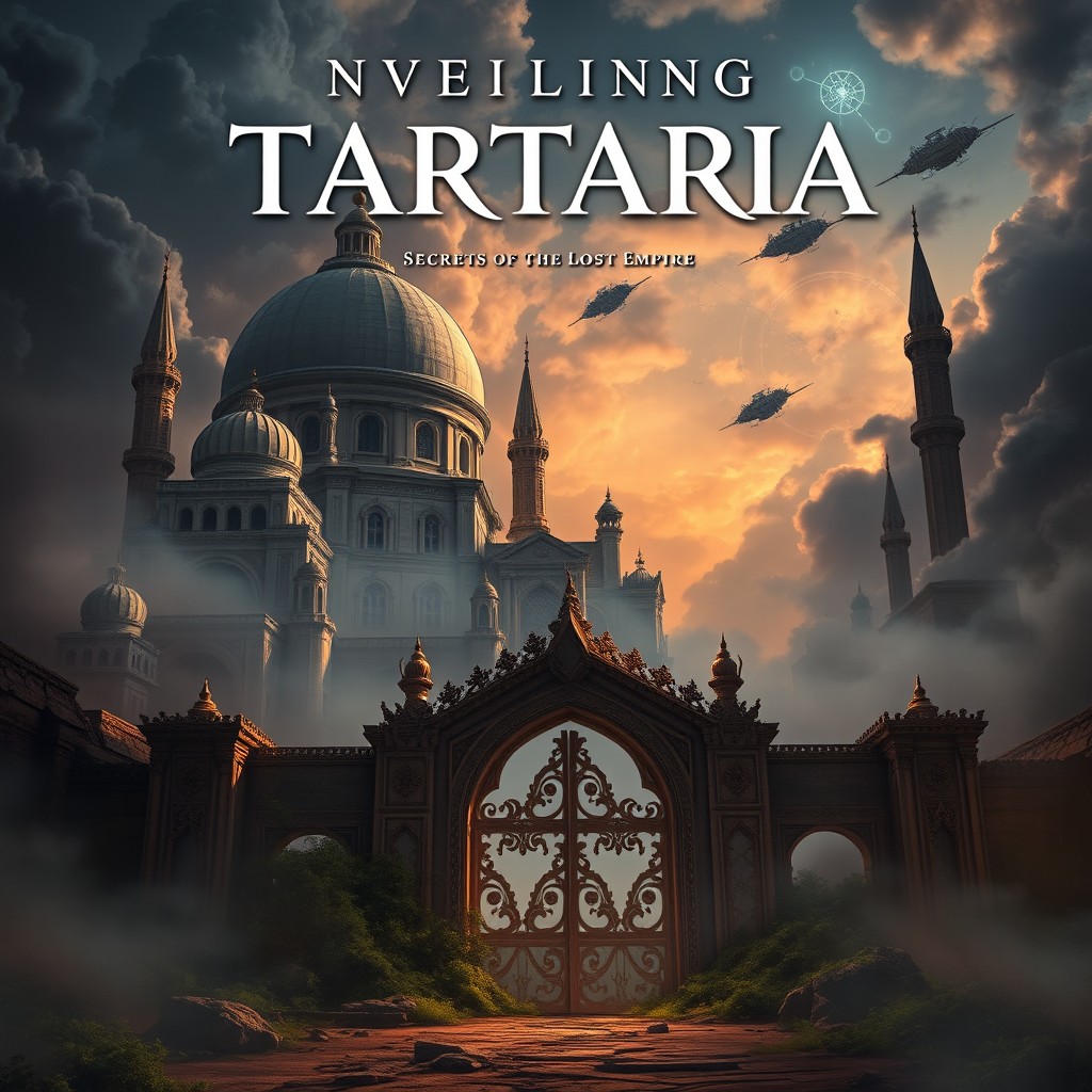 A dramatic and atmospheric book cover for 'Unveiling Tartaria: Secrets of the Lost Empire' featuring a colossal, forgotten cityscape emerging from swirling mists