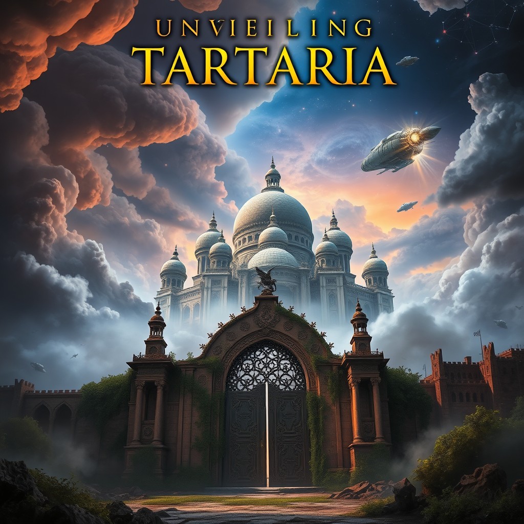 A dramatic and atmospheric book cover for 'Unveiling Tartaria: Secrets of the Lost Empire'