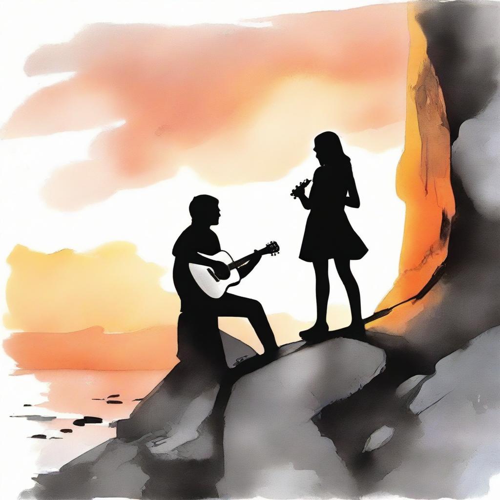 Using aquarel technique, paint a boy with a guitar viewing a side-profile girl on a rocky cliff during sunset. Gradually transition the image from vibrant colors to black and white.