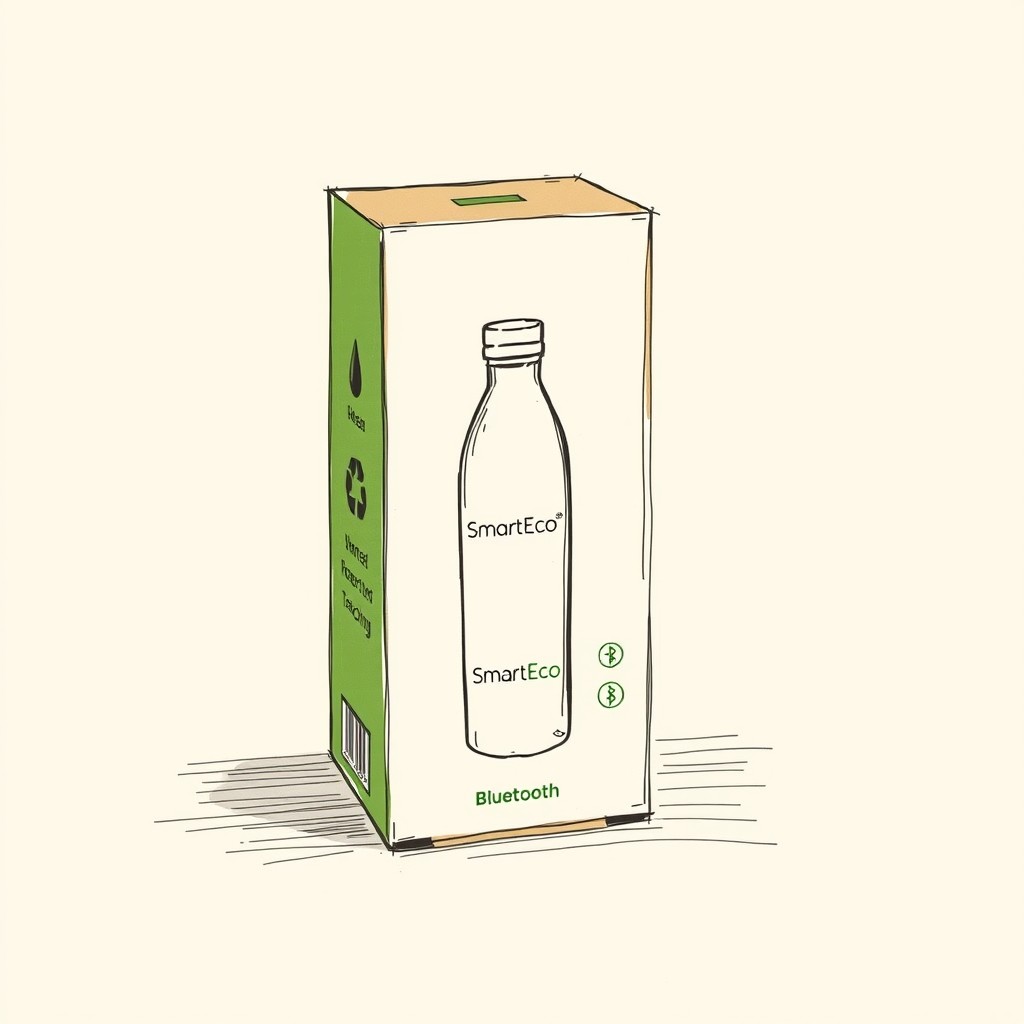 A detailed sketch of box packaging design for a biodegradable water bottle named 'SmartEco Water Bottle'