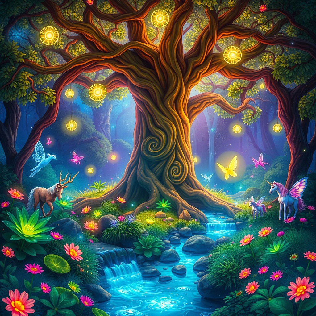 A vibrant and enchanting fantasy world featuring a lush forest glade illuminated by bioluminescent plants