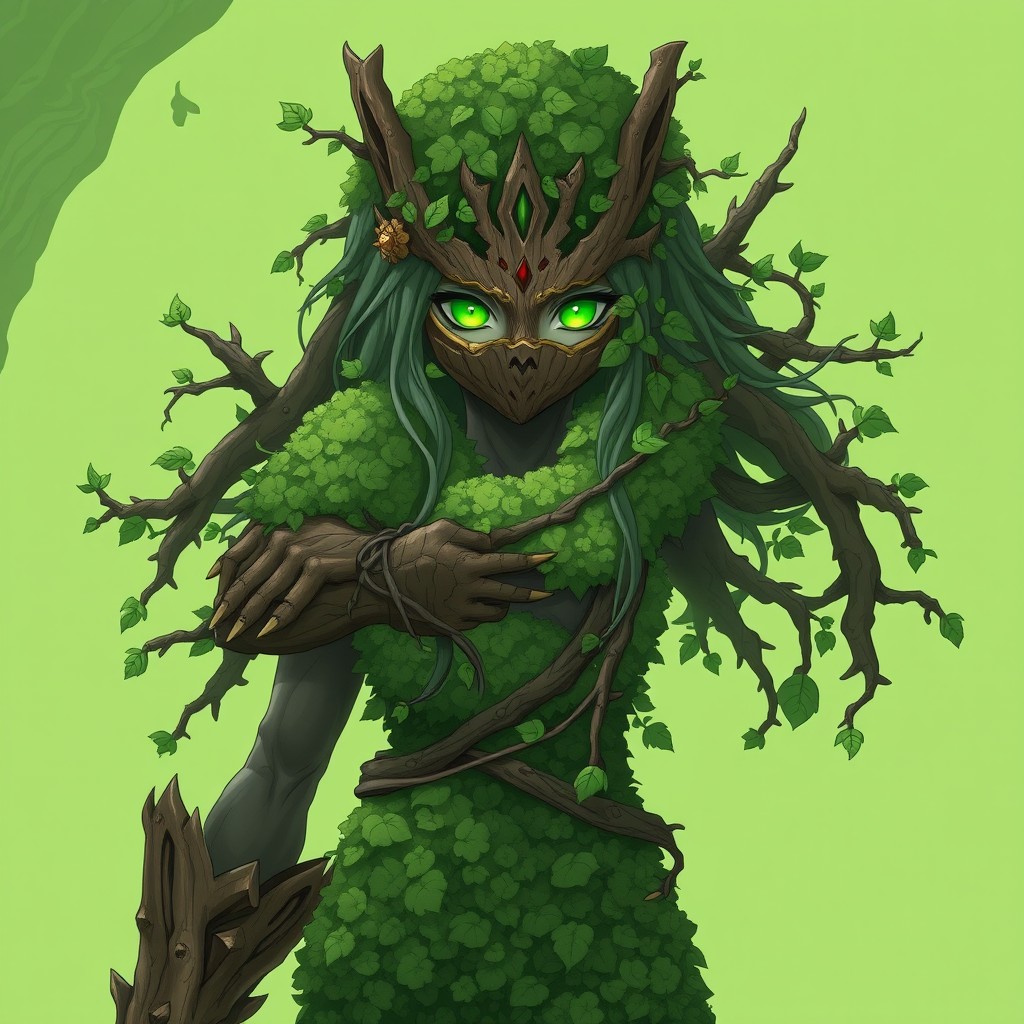 Anime-style female forest guardian from a non-human woodland race, inspired by tribal and nature spirits