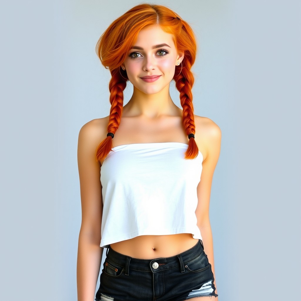 A young woman with vibrant orange hair styled in two braids, showcasing a playful expression and freckles on her face
