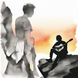 Using aquarel technique, paint a boy with a guitar viewing a side-profile girl on a rocky cliff during sunset. Gradually transition the image from vibrant colors to black and white.