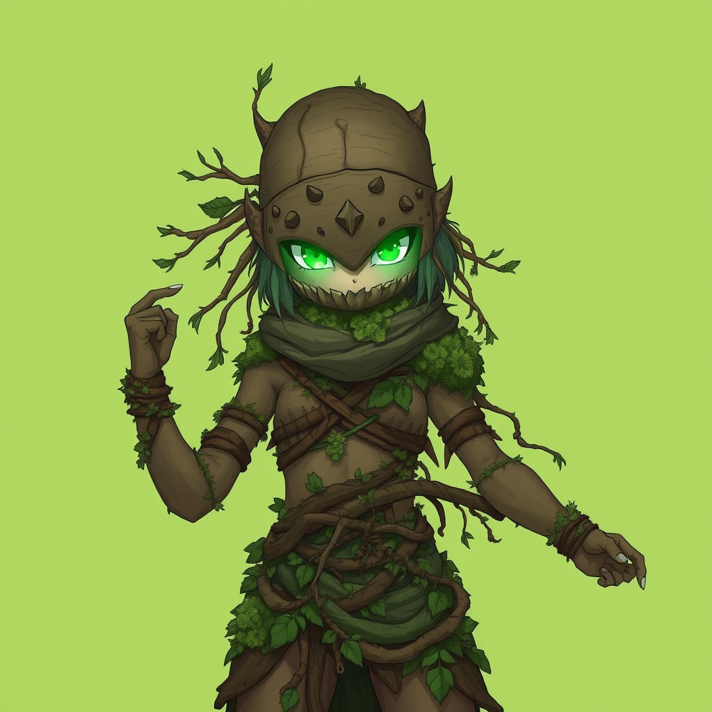 Anime-style female forest guardian from a non-human woodland race, inspired by tribal and nature spirits