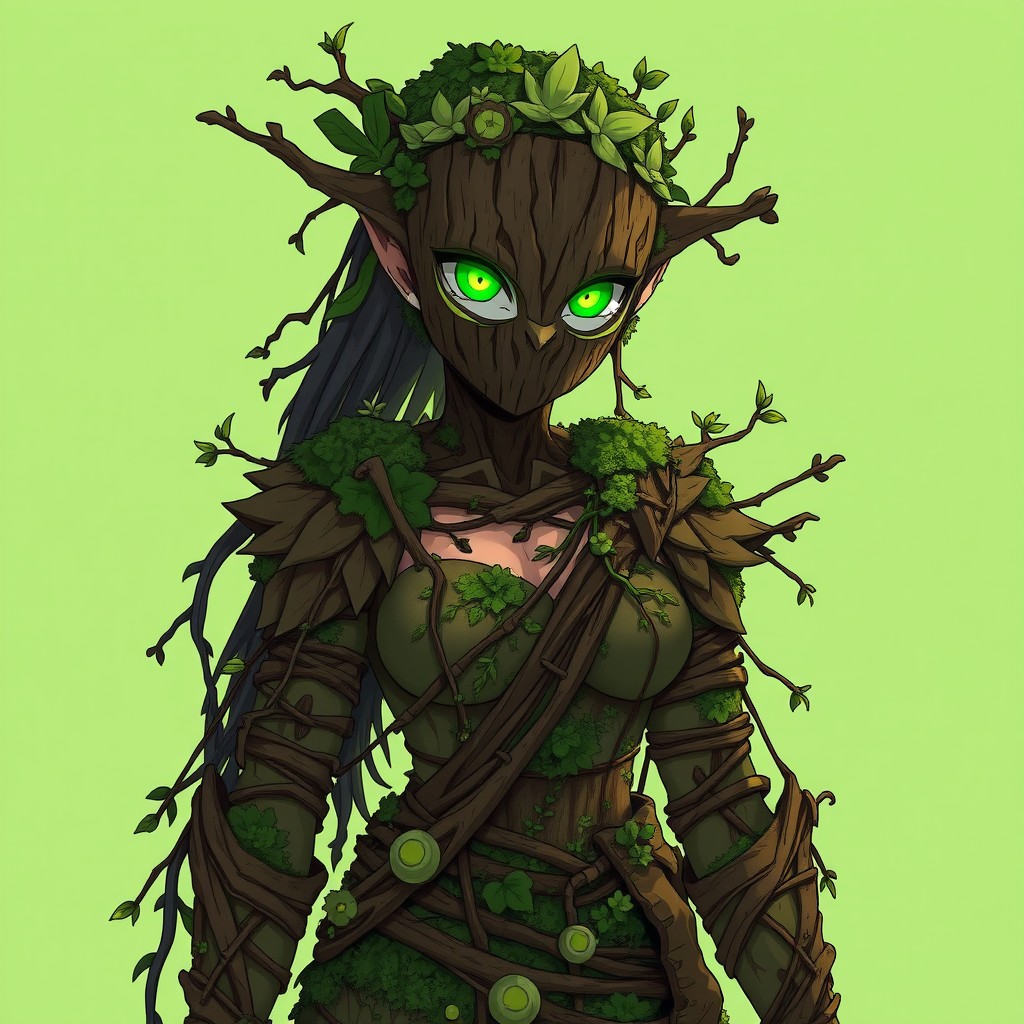 Anime-style female forest guardian from a non-human woodland race, inspired by tribal and nature spirits, depicted with her entire body covered in natural armor made of bark, vines, and moss, creating an ancient and plant-like appearance