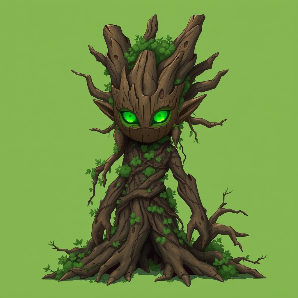 Anime-style forest guardian from a non-human race composed entirely of bark, moss, vines, and roots, designed to look as if she has grown out of a tree