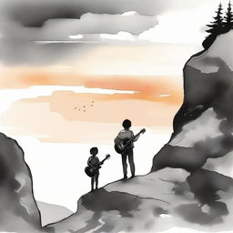 In aquarel technique, illustrate a standing boy with a guitar observing a side-profile girl on a rocky cliff during sunset. The image transitions from rich color to black and white.