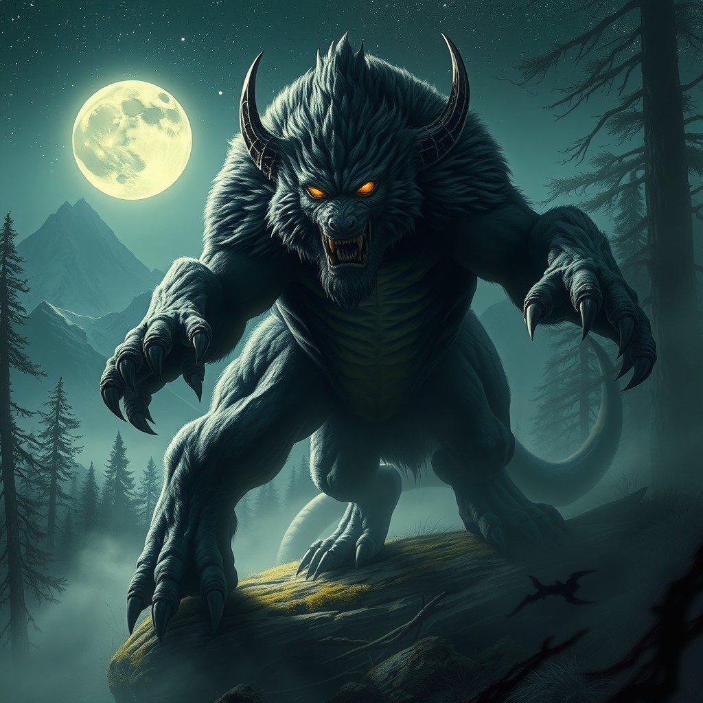 A fierce and majestic beast, depicted in a dramatic fantasy landscape