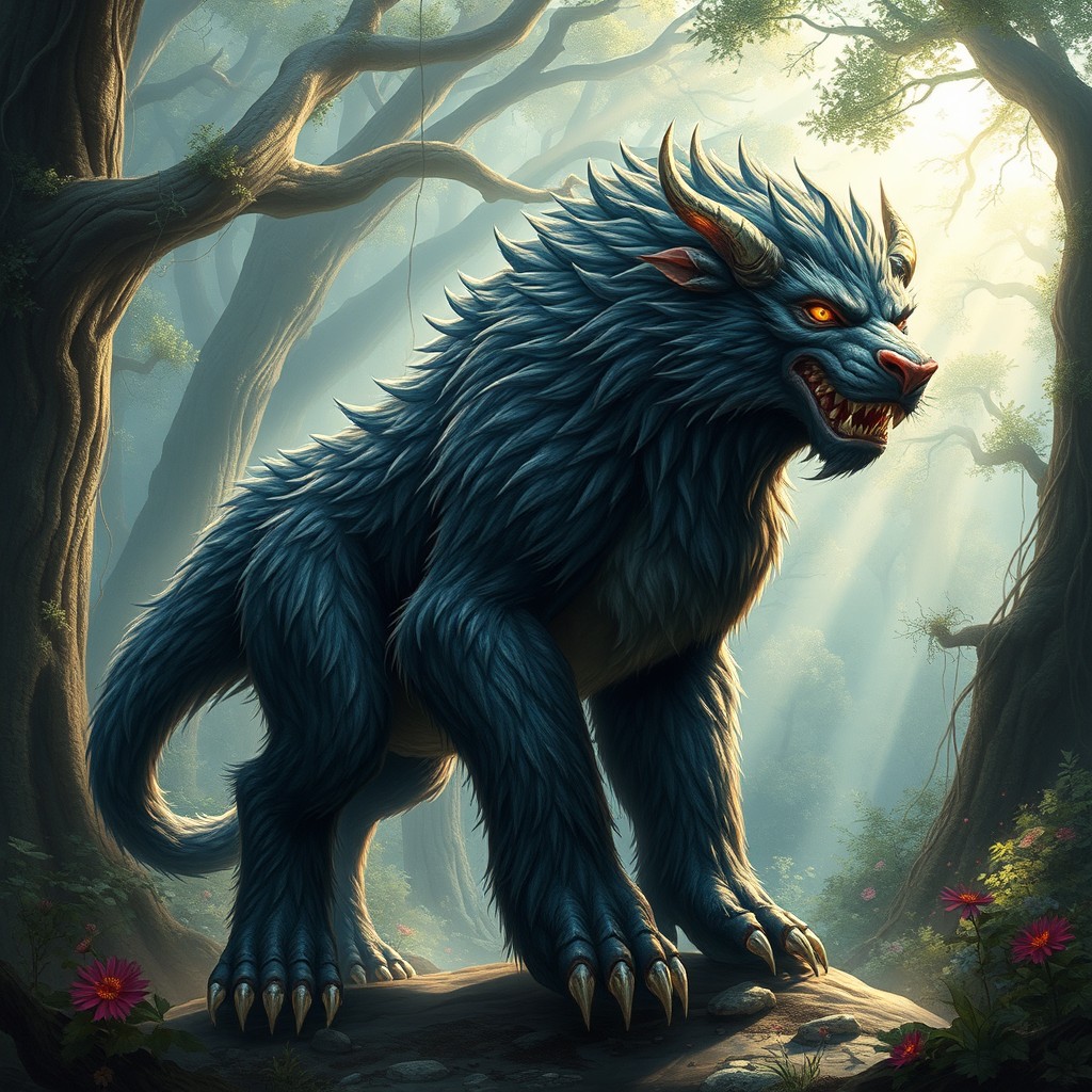A mythical beast, imposing and majestic, standing tall with fierce features and intricate details