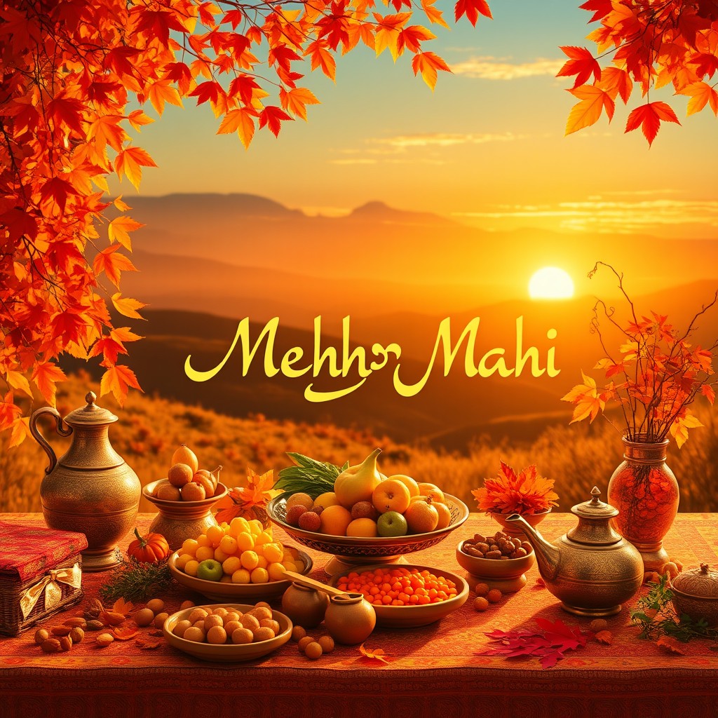 A beautiful celebration of the Persian month of Mehr, showcasing rich autumn colors with a focus on warm golden hues and vibrant red and orange leaves