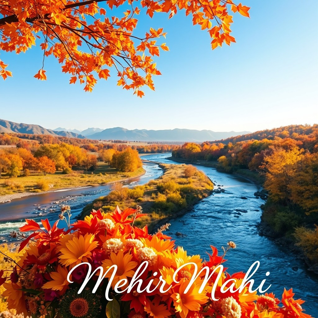 A stunning visual representation celebrating the theme 'Month of Mehr', featuring a serene autumn landscape adorned with colorful foliage