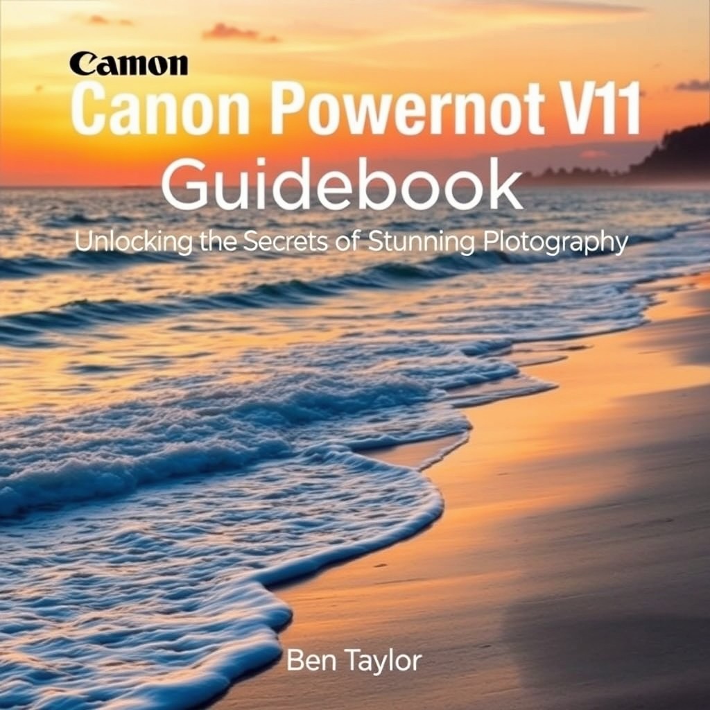 Cover design for 'Canon Powershot V1 Guidebook by Ben Taylor', showcasing an enticing photograph demonstrating the versatility of the Powershot V1 camera