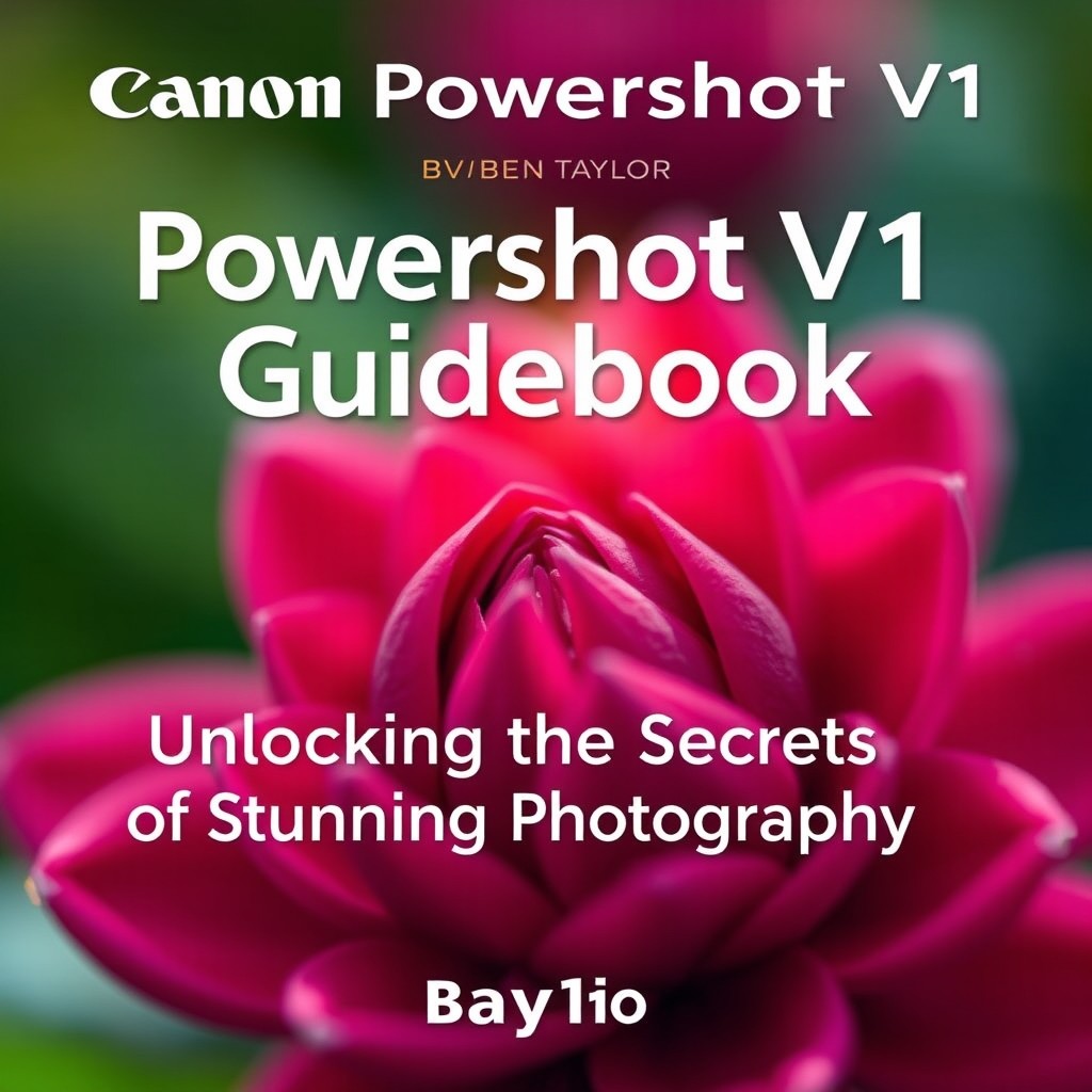 Cover design for 'Canon Powershot V1 Guidebook by Ben Taylor', featuring an inspiring photograph depicting an intricate close-up of a flower in full bloom, showcasing the detail and color depth achievable with the Powershot V1 camera