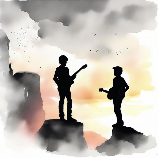 In aquarel technique, illustrate a standing boy with a guitar observing a side-profile girl on a rocky cliff during sunset. The image transitions from rich color to black and white.