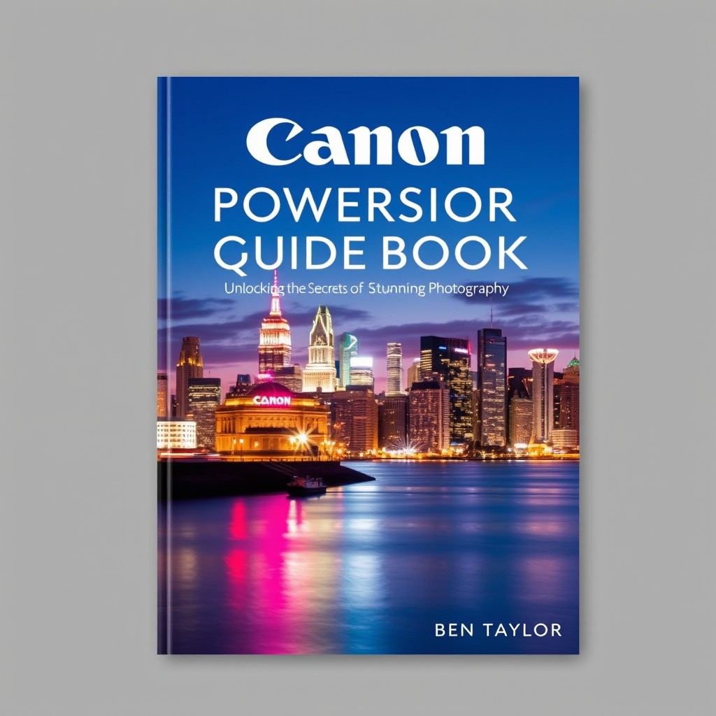 Cover design for 'Canon Powershot V1 Guidebook by Ben Taylor', featuring an impressive image depicting a vibrant cityscape at twilight, showcasing the camera's ability to capture urban life with stunning clarity