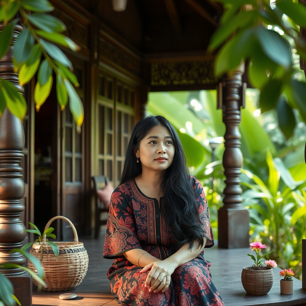 A woman from Jakarta, deeply saddened, sitting on the porch of a traditional Indonesian house