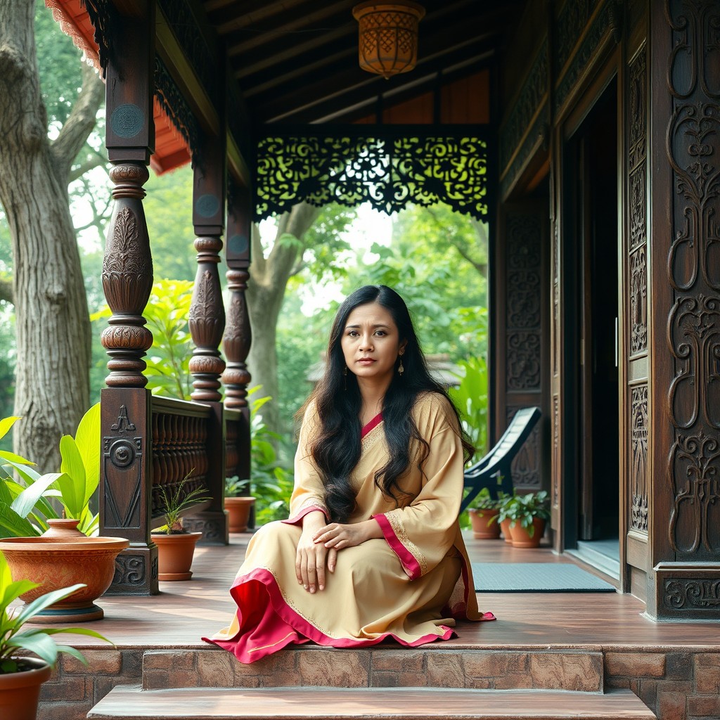 A woman from Jakarta sitting on the porch of a traditional house, looking sad