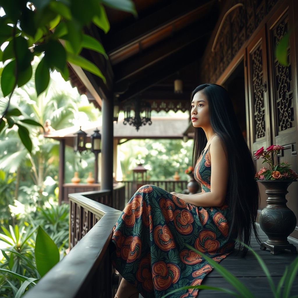 A Jakarta woman sitting on the terrace of a traditional Indonesian house, looking sad