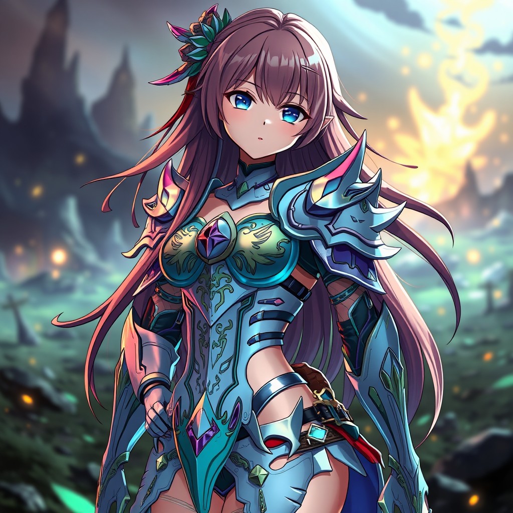An anime girl wearing stylish yet skimpy armor that highlights her figure, featuring intricate details and vibrant colors