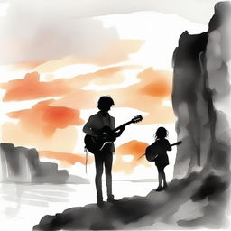 In aquarel technique, illustrate a standing boy with a guitar observing a side-profile girl on a rocky cliff during sunset. The image transitions from rich color to black and white.