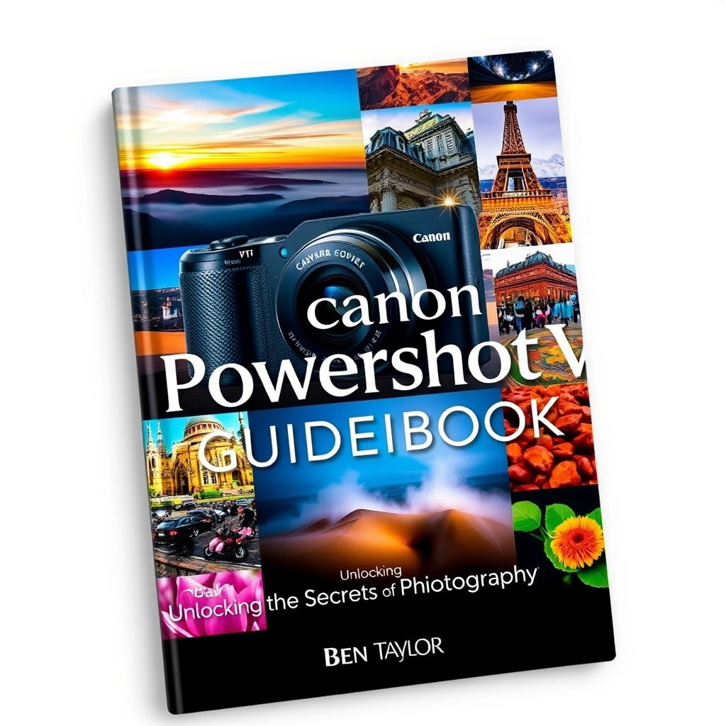 A beautifully designed cover for a photography guidebook titled 'Canon PowerShot V1 Guidebook' by Ben Taylor
