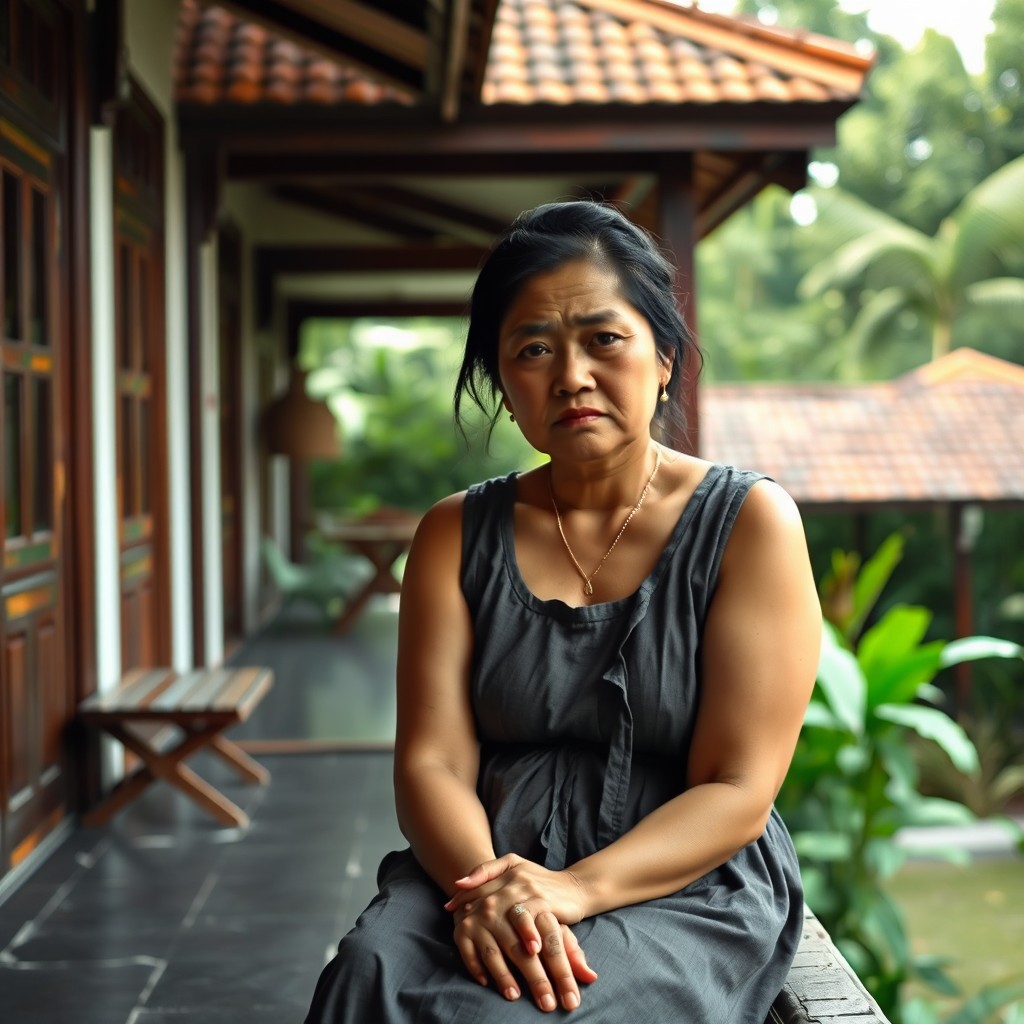 A beautiful 35-year-old woman from Jakarta with a slightly plump physique, wearing a sleeveless house dress, sitting sadly on the terrace of a traditional Indonesian house