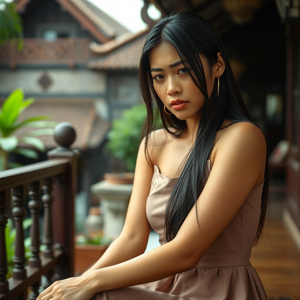 A beautiful 30-year-old woman from Jakarta with long black hair, wearing a sleeveless dress, sitting on the terrace of a traditional house looking sad