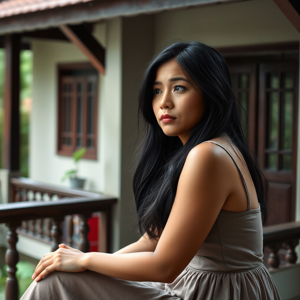 A beautiful 30-year-old Jakarta woman with a curvy figure, long black hair, wearing a sleeveless dress, looking sad while sitting on the terrace of a traditional house