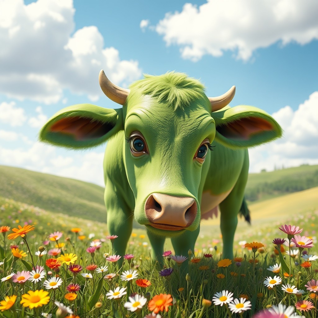 An enchanting green cow peacefully grazing in a sunny pasture filled with wildflowers of various colors