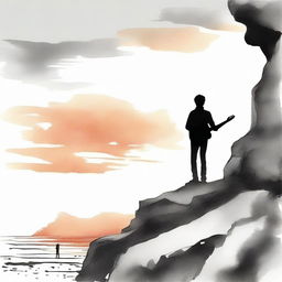 In aquarel technique, illustrate a standing boy with a guitar observing a side-profile girl on a rocky cliff during sunset. The image transitions from rich color to black and white.